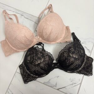 2 - Victoria’s Secret Plunge Bras 36B Lace Black Cream Set